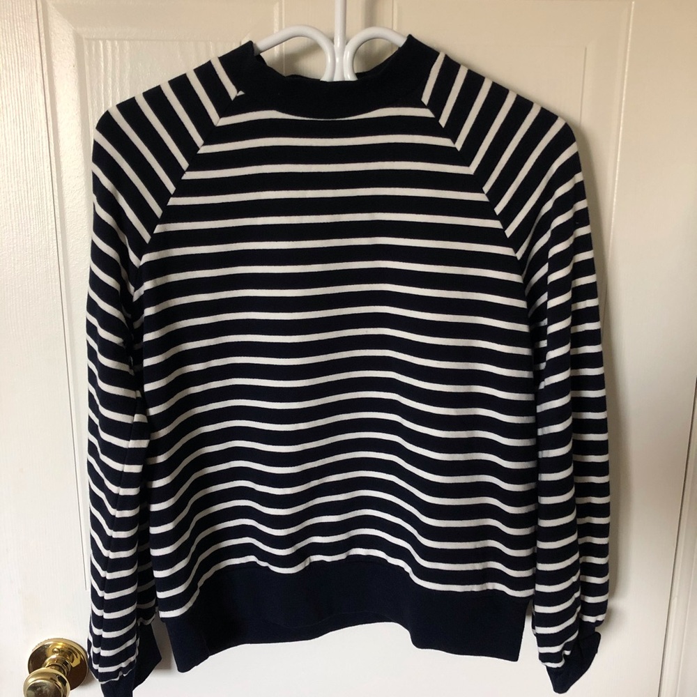 Navy and white striped mock neck sweater